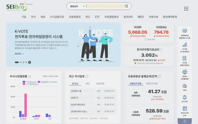 한국예탁결제원 증권정보포털 SEIBro 공식 홈페이지 첫 화면